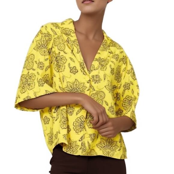 Saunders x RTR Short Sleeve Button Up Floral Rox Top in Yellow Size 6 - Picture 1 of 7